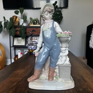 Nadal Porcelain Figurine Boy in Overalls with Cherub Planter Spain Blue 10.5in